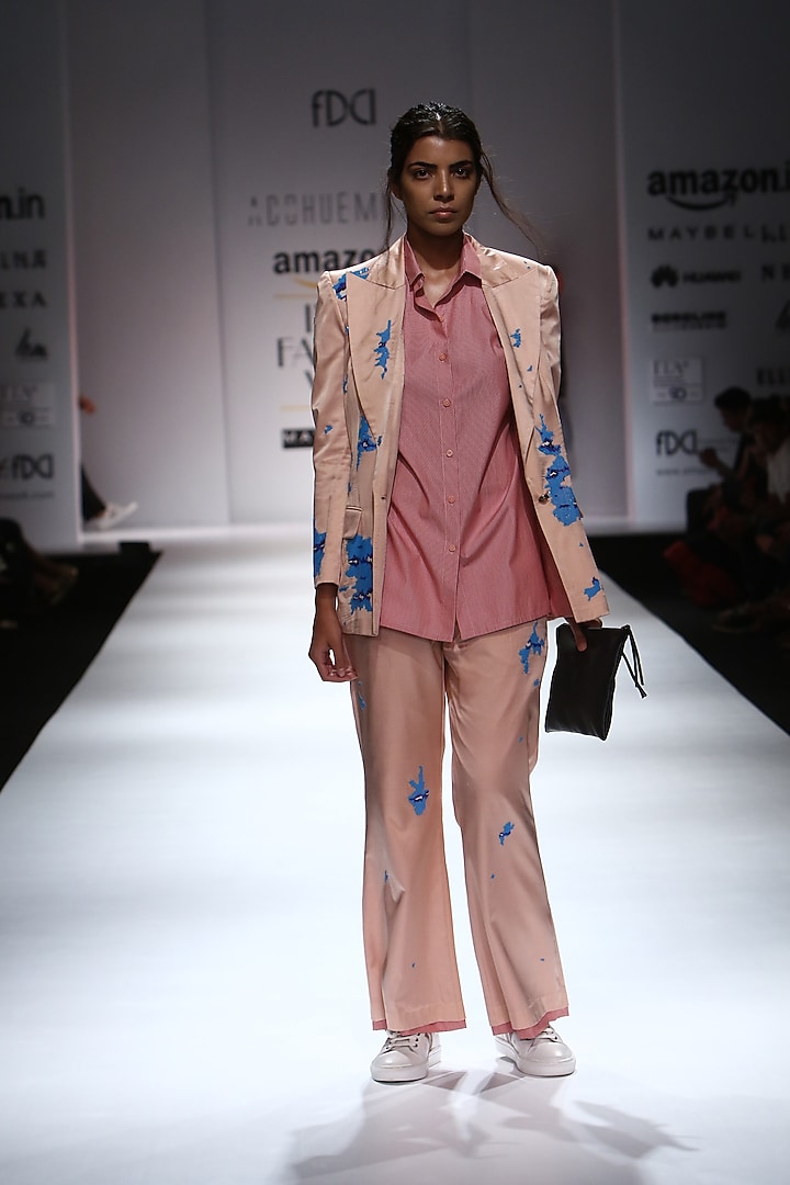 Powder pink torn blue snakeskin detailing suit available only at Pernia's Pop Up Shop.