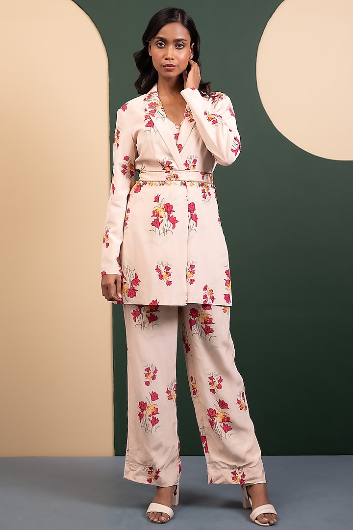 Ivory Crepe Blend Floral Printed Jacket Set by House of Astha Bhatt