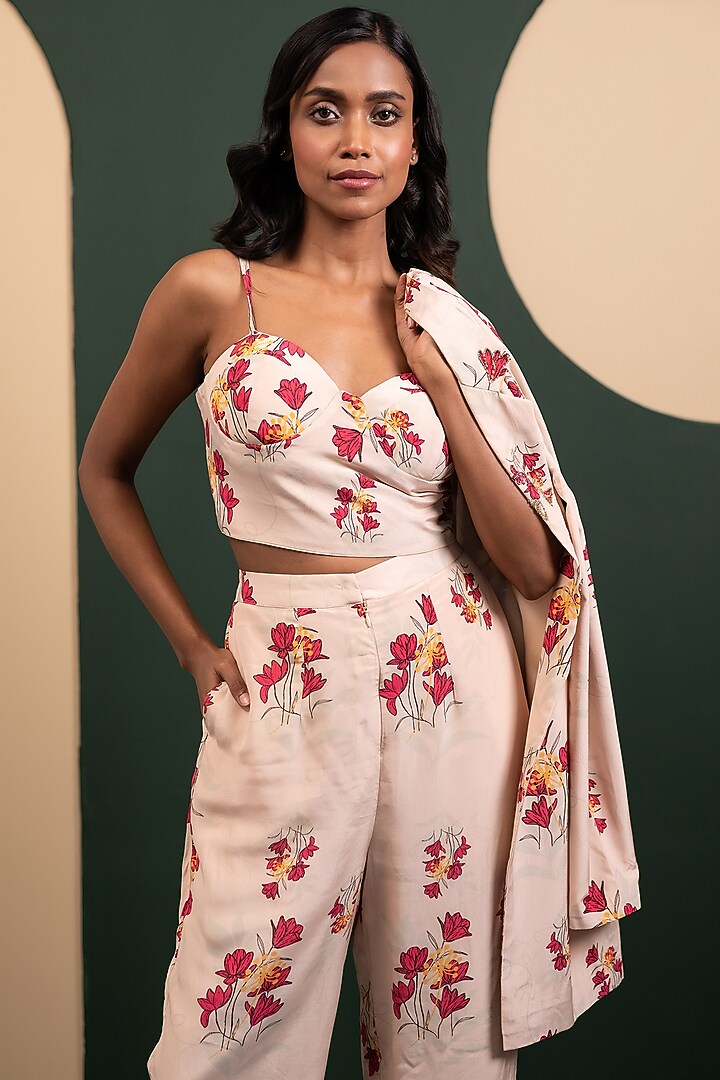 Ivory Crepe Blend Floral Printed Jacket Set by House of Astha Bhatt at Pernia's Pop Up Shop