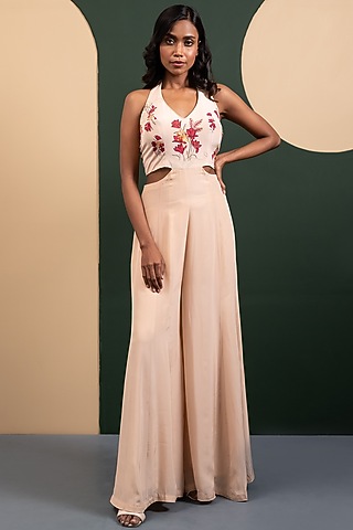 Ivory Crepe Blend Floral Printed Jumpsuit by House of Astha Bhatt