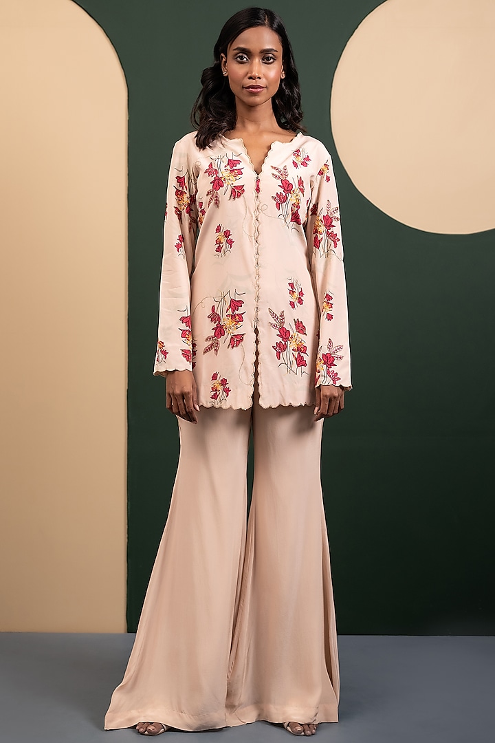 Ivory Crepe Blend Printed & Embroidered Jacket Set by House of Astha Bhatt
