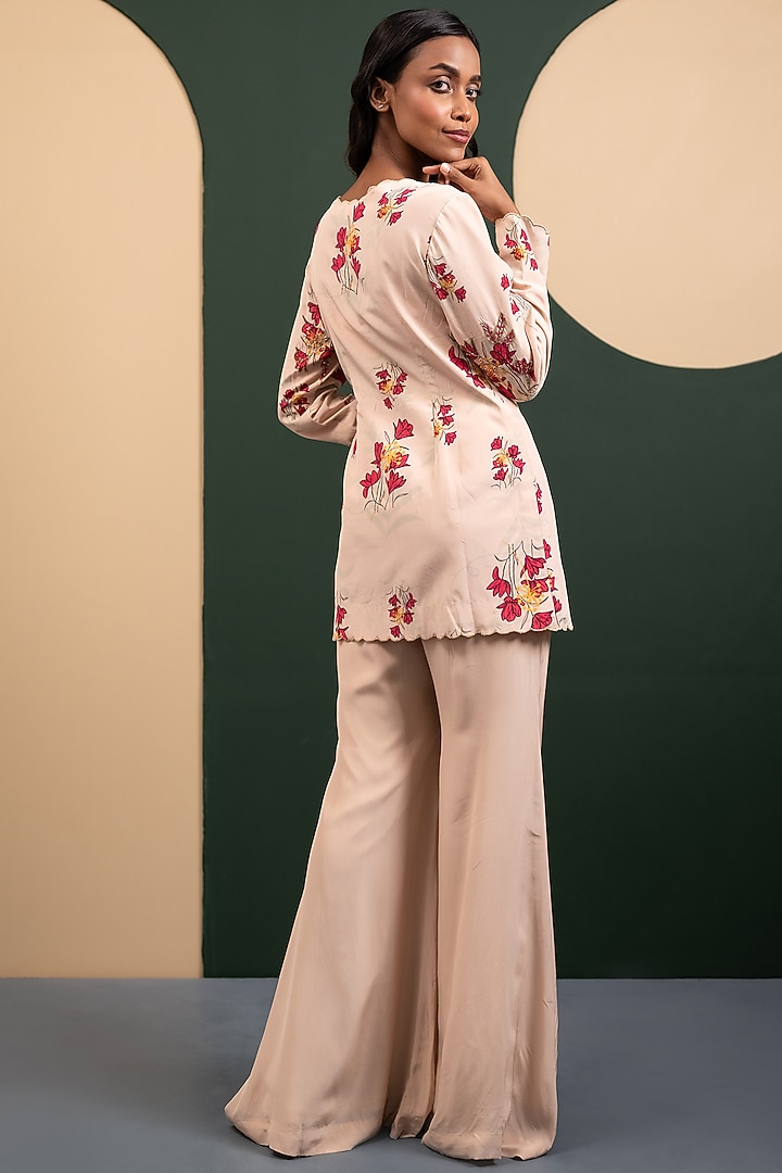Ivory Crepe Blend Printed & Embroidered Jacket Set by House of Astha Bhatt at Pernia's Pop Up Shop