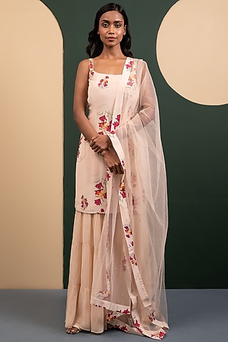 Ivory Georgette Layered Sharara Set by House of Astha Bhatt