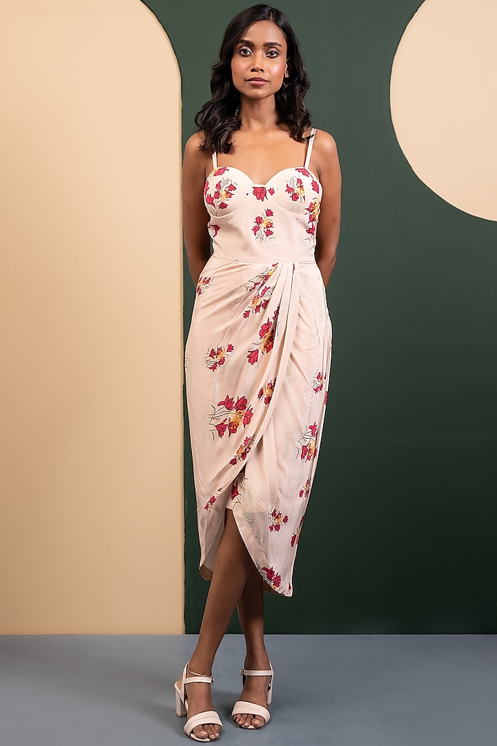 Ivory Crepe Blend Printed Bustier Draped Dress by House of Astha Bhatt