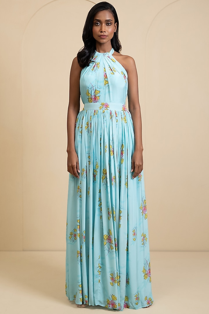 Light Blue Crepe Blend Floral Printed Halter Gown by House of Astha Bhatt