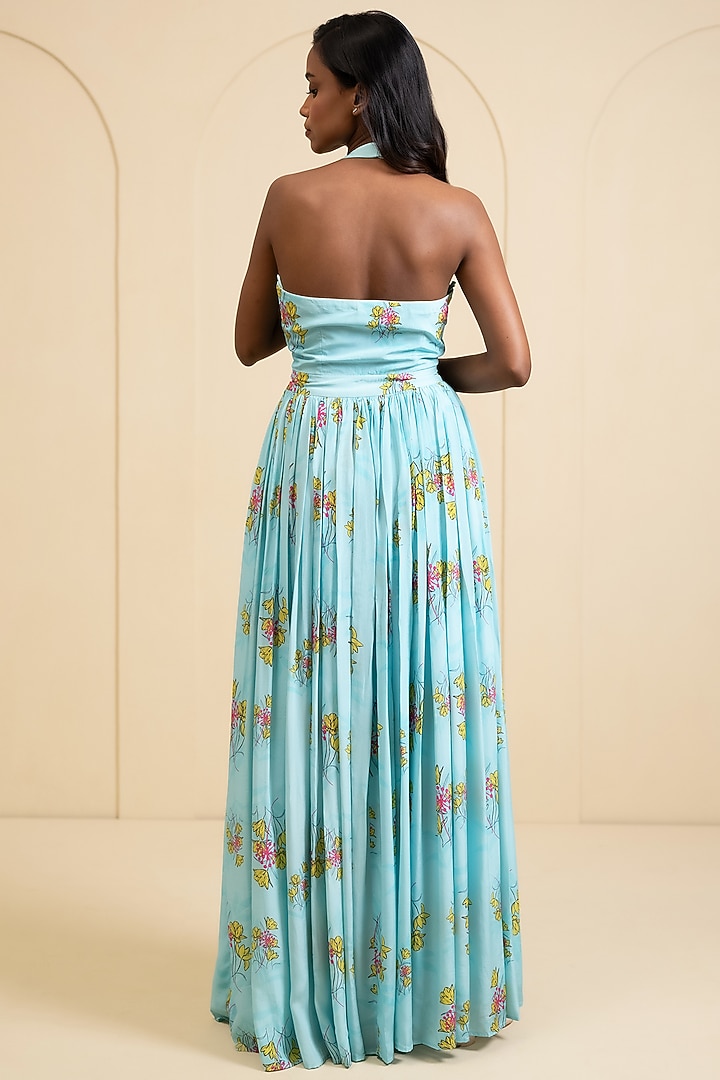 Light Blue Crepe Blend Floral Printed Halter Party Wear Gown by House of Astha Bhatt at Pernia's Pop Up Shop