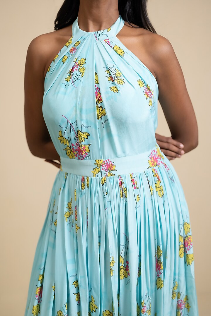 Light Blue Crepe Blend Floral Printed Halter Party Wear Gown by House of Astha Bhatt at Pernia's Pop Up Shop