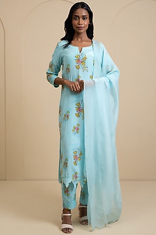Light Blue Crepe Blend Printed Straight Kurta Set by House of Astha Bhatt