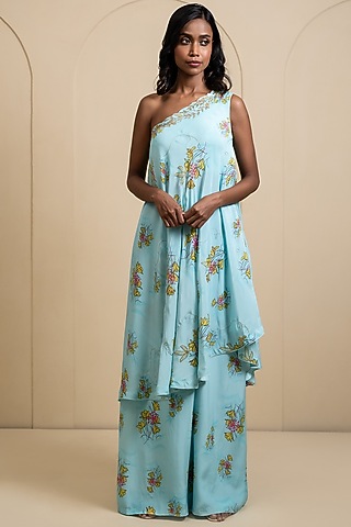 Light Blue Crepe Blend Printed Sharara Set by House of Astha Bhatt