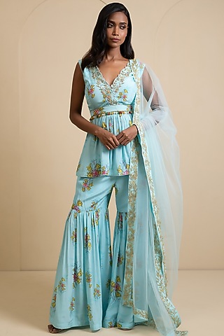 Light Blue Crepe Blend Printed Gharara Set by House of Astha Bhatt