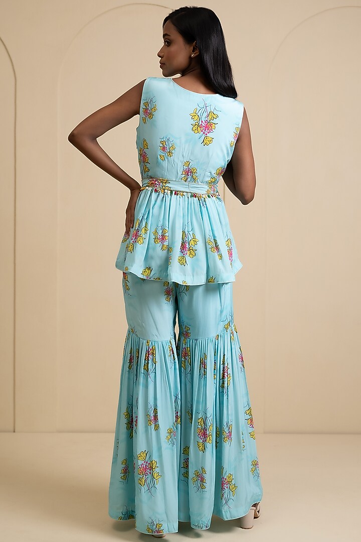 Light Blue Crepe Blend Printed Gharara Set by House of Astha Bhatt at Pernia's Pop Up Shop