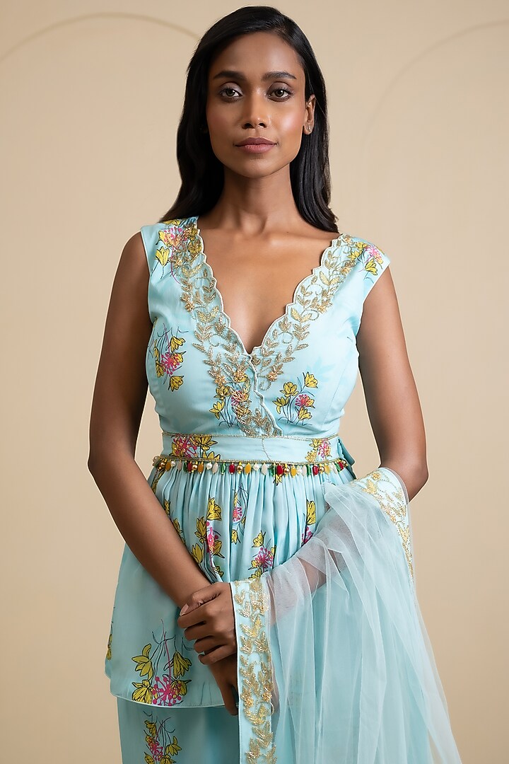 Light Blue Crepe Blend Printed Gharara Set by House of Astha Bhatt at Pernia's Pop Up Shop