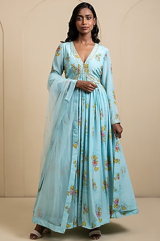 Light Blue Crepe Blend Printed Anarkali Set by House of Astha Bhatt