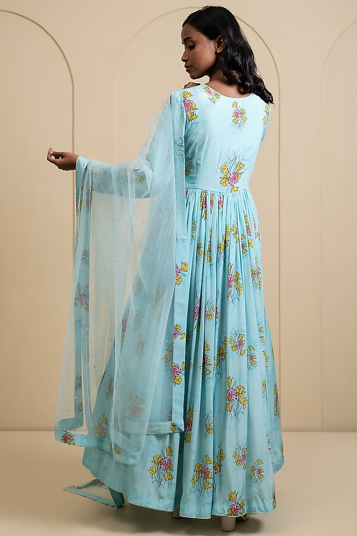 Light Blue Crepe Blend Printed Wedding Anarkali Set by House of Astha Bhatt at Pernia's Pop Up Shop