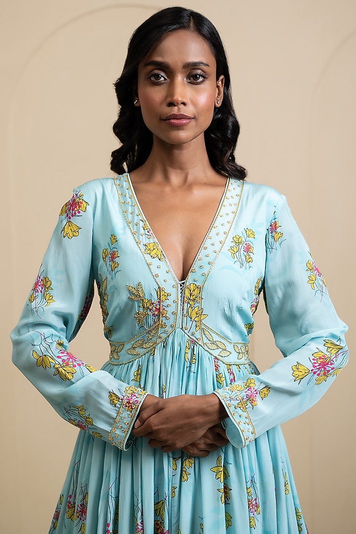 Light Blue Crepe Blend Printed Wedding Anarkali Set by House of Astha Bhatt at Pernia's Pop Up Shop
