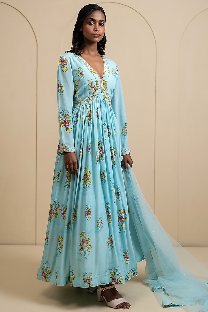 Light Blue Crepe Blend Printed Wedding Anarkali Set by House of Astha Bhatt at Pernia's Pop Up Shop