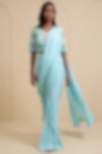 Light Blue Crepe Blend Printed Draped Pant Saree Set by House of Astha Bhatt