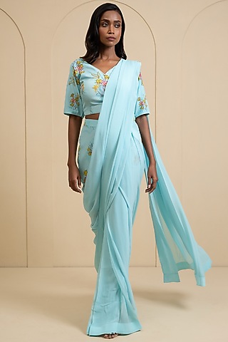 Light Blue Crepe Blend Printed Draped Pant Saree Set by House of Astha Bhatt