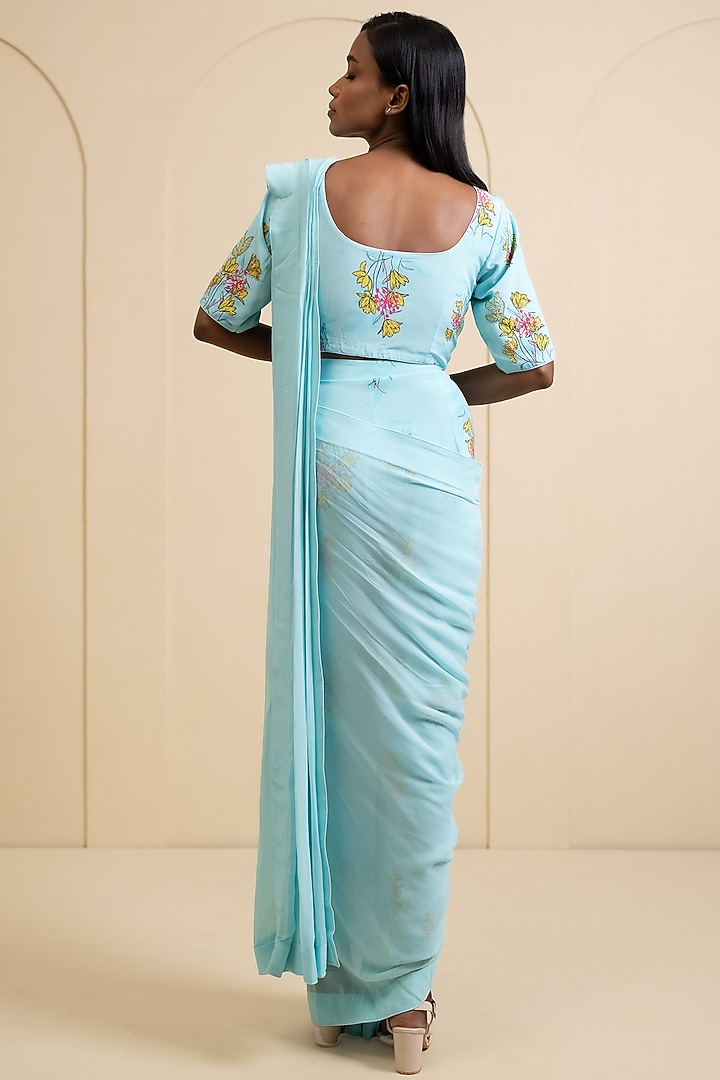Light Blue Crepe Blend Printed Draped Pant Party Wear Saree Set by House of Astha Bhatt at Pernia's Pop Up Shop