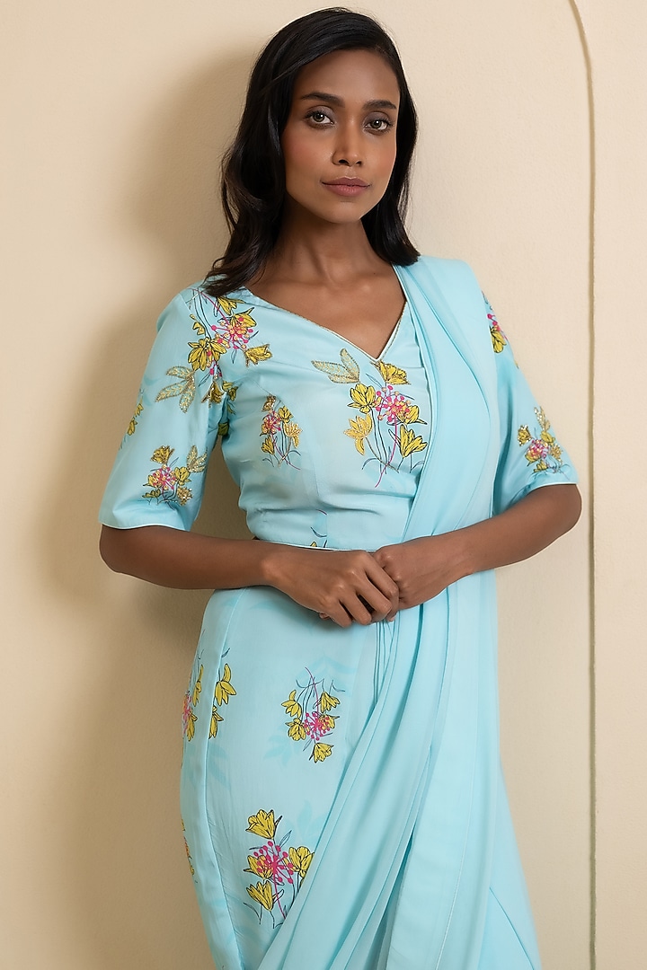 Light Blue Crepe Blend Printed Draped Pant Party Wear Saree Set by House of Astha Bhatt at Pernia's Pop Up Shop