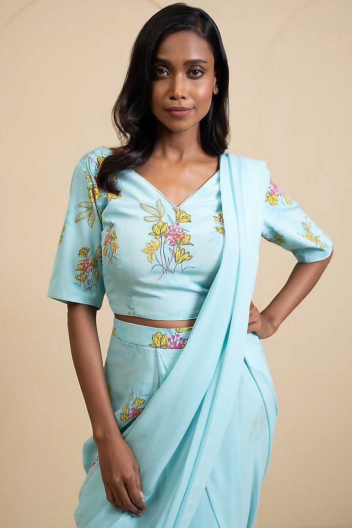 Light Blue Crepe Blend Printed Draped Pant Party Wear Saree Set by House of Astha Bhatt at Pernia's Pop Up Shop