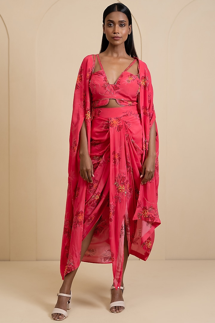 Magenta Pink Crepe Blend Printed Cape Set by House of Astha Bhatt