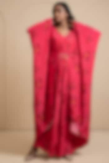 Magenta Pink Crepe Blend Printed & Hand Embroidered Kaftan by House of Astha Bhatt