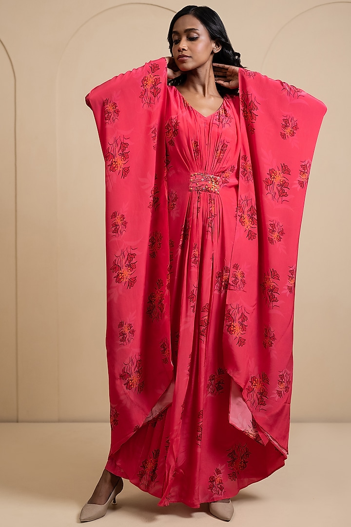 Magenta Pink Crepe Blend Printed & Hand Embroidered Kaftan by House of Astha Bhatt