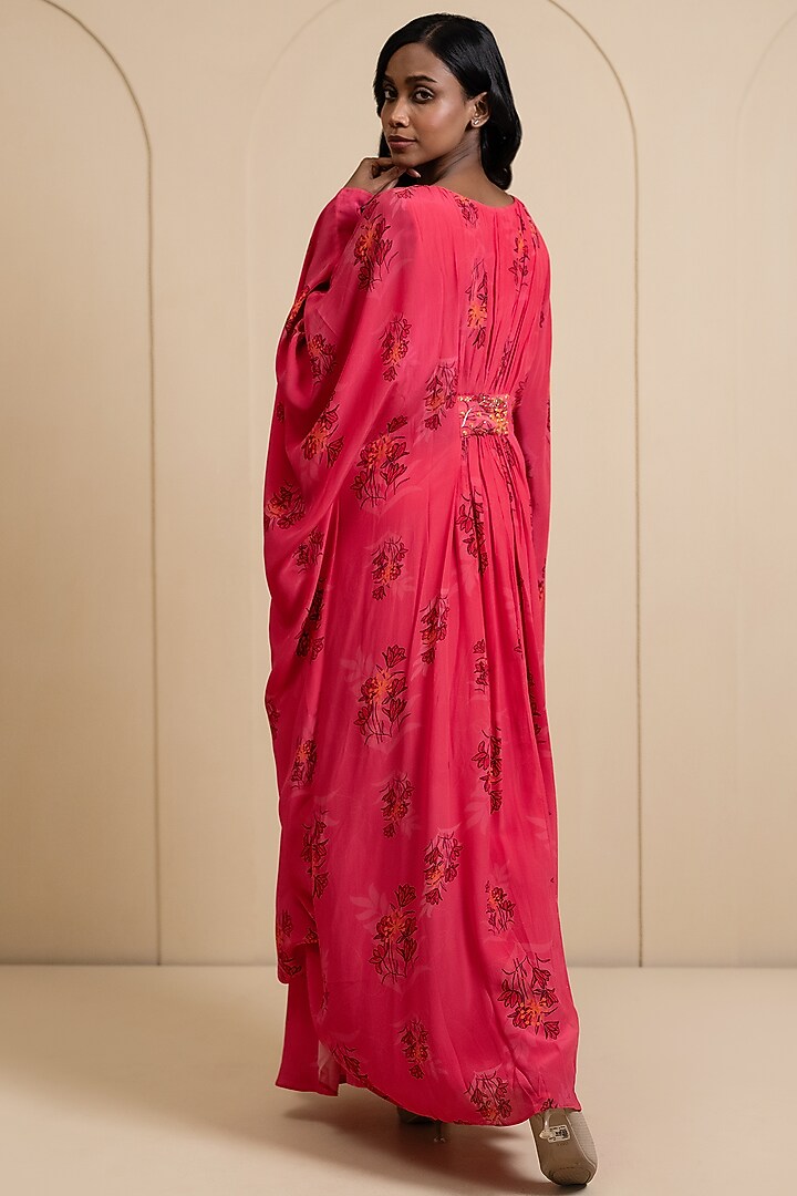 Magenta Pink Crepe Blend Printed & Hand Embroidered Kaftan by House of Astha Bhatt at Pernia's Pop Up Shop