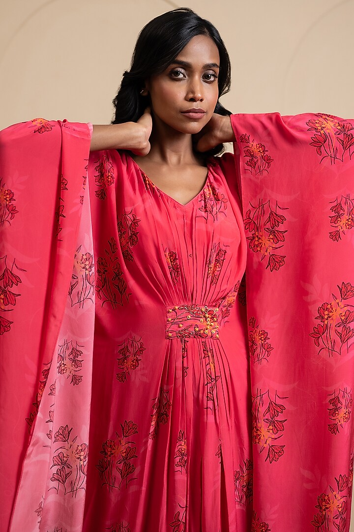 Magenta Pink Crepe Blend Printed & Hand Embroidered Kaftan by House of Astha Bhatt at Pernia's Pop Up Shop