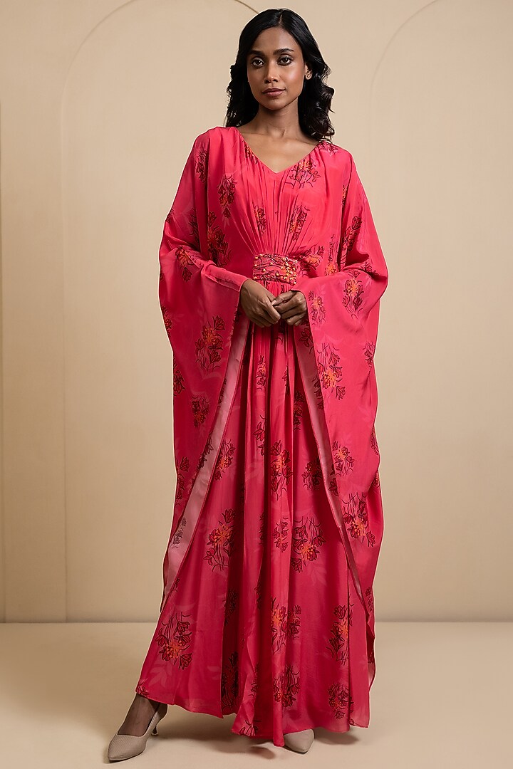 Magenta Pink Crepe Blend Printed & Hand Embroidered Kaftan by House of Astha Bhatt at Pernia's Pop Up Shop