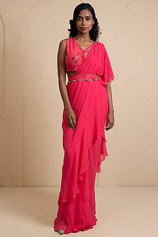 Magenta Pink Crepe Blend Draped Saree Set by House of Astha Bhatt