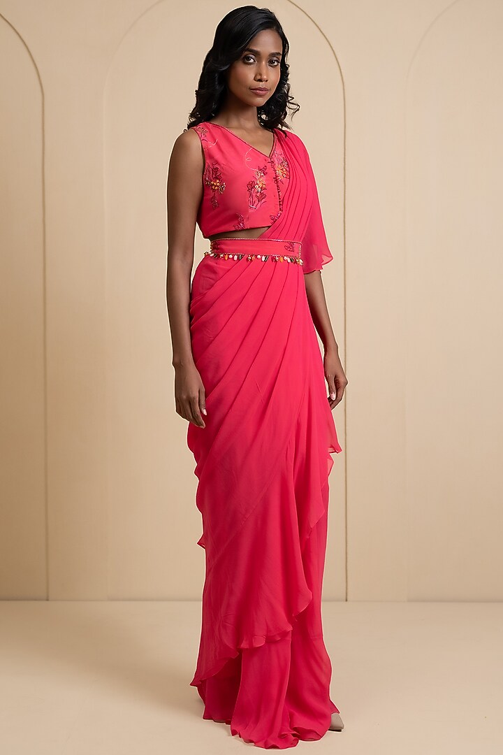 Magenta Pink Crepe Blend Draped Party Wear Saree Set by House of Astha Bhatt at Pernia's Pop Up Shop