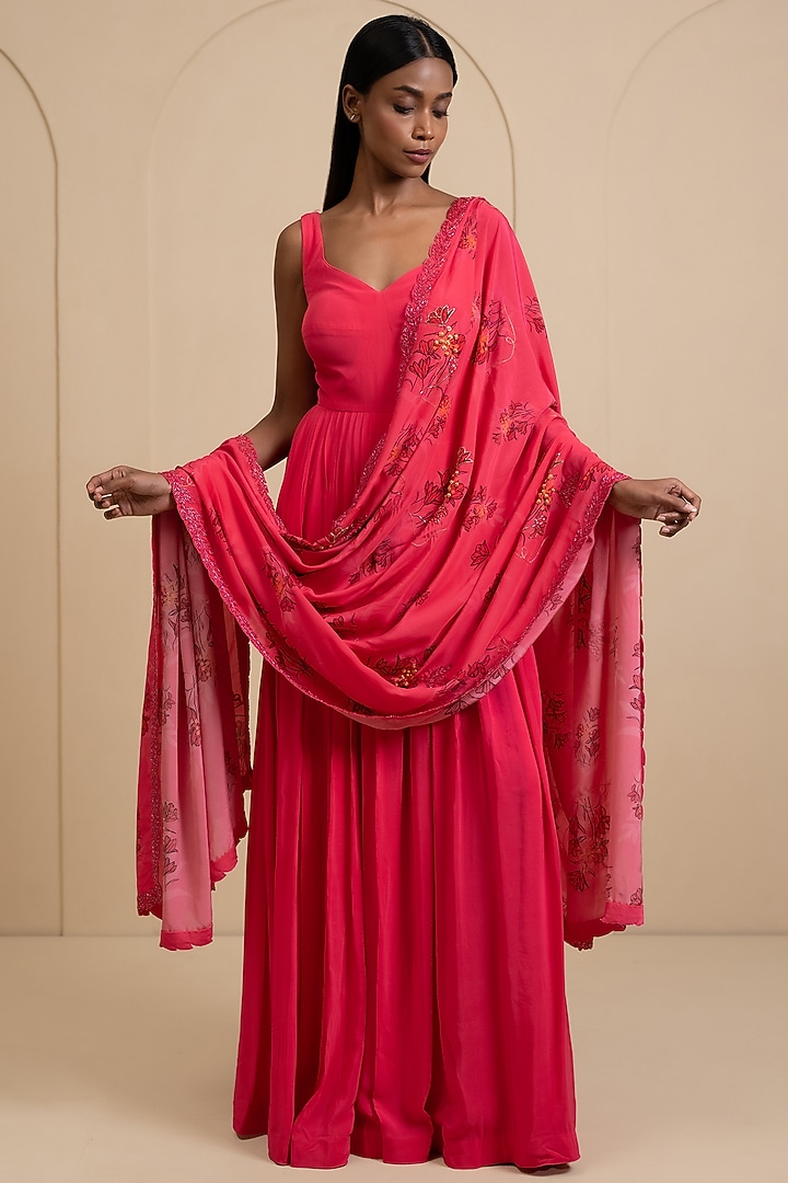 Magenta Pink Crepe Blend Wedding Anarkali Set by House of Astha Bhatt at Pernia's Pop Up Shop