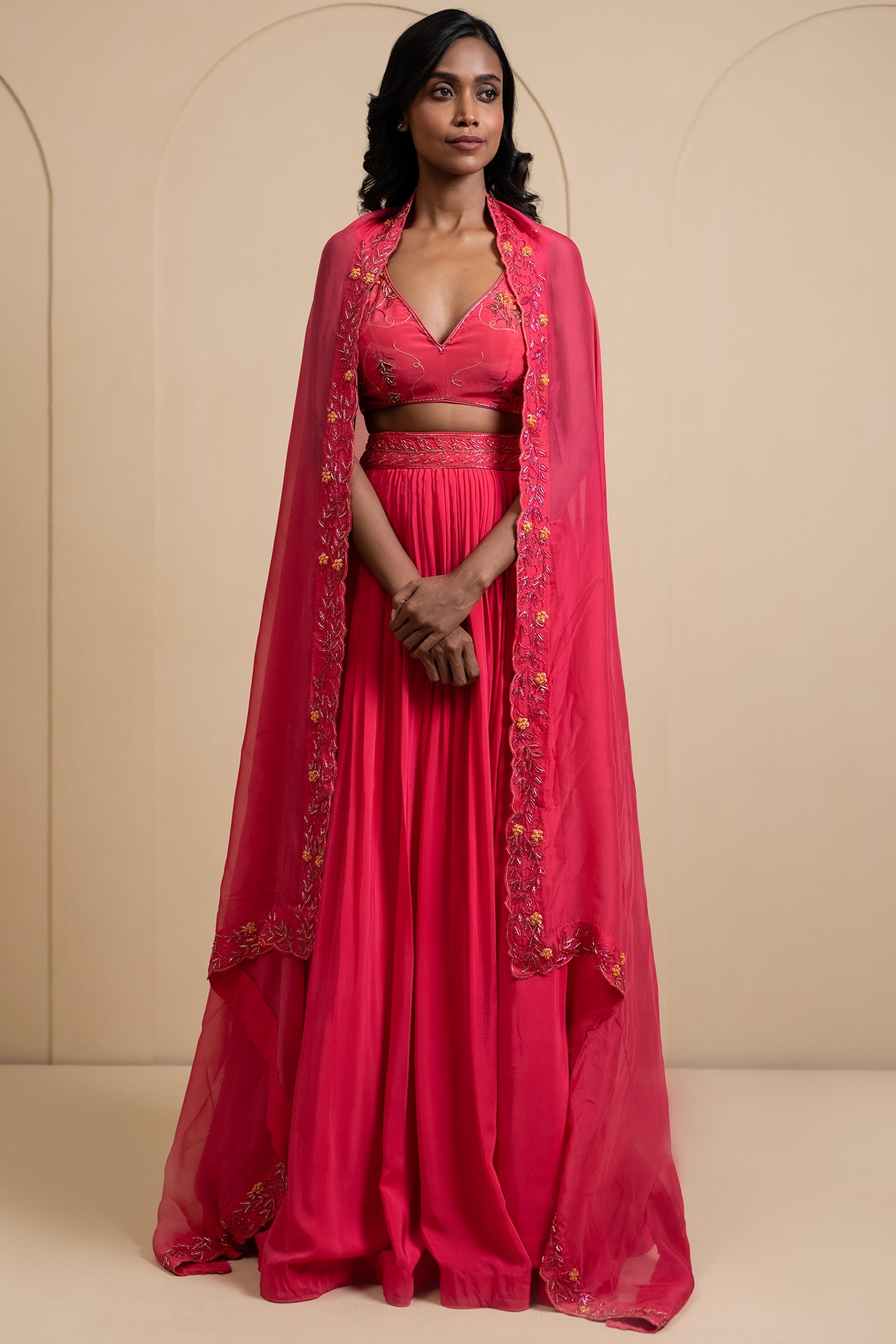 Magenta Pink Crepe Blend Wedding Lehenga Set by House of Astha Bhatt at Pernia s Pop Up Shop 2024