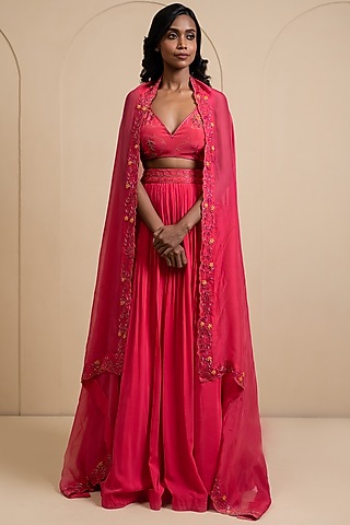 Magenta Pink Crepe Blend Lehenga Set by House of Astha Bhatt