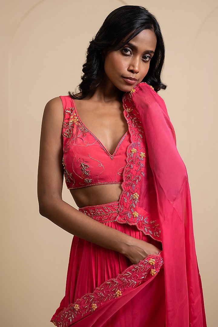 Magenta Pink Crepe Blend Wedding Lehenga Set by House of Astha Bhatt at Pernia's Pop Up Shop