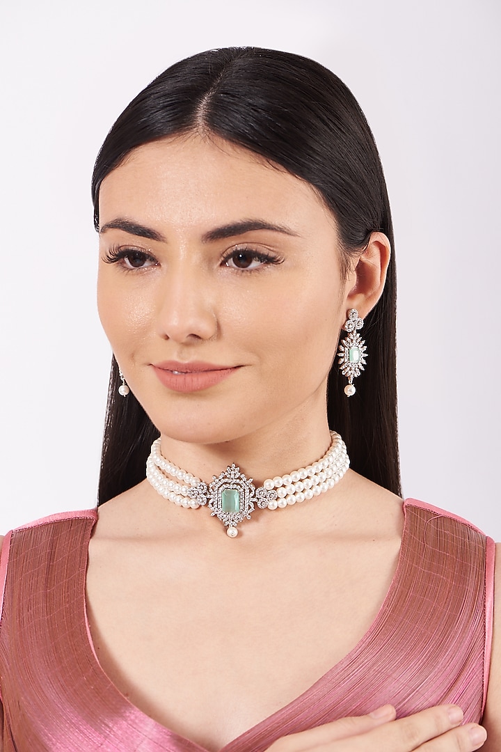 White Finish Crystal Choker Necklace Set by House Of Aesha at Pernia's Pop Up Shop