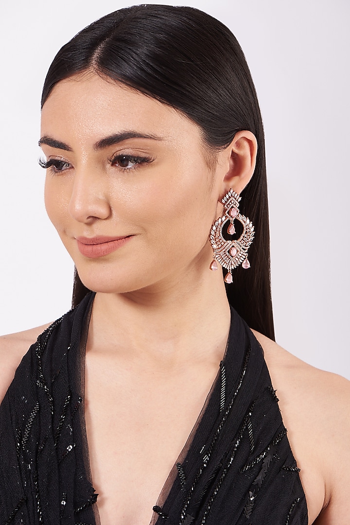 White Finish Earrings With Pink Stones by House Of Aesha