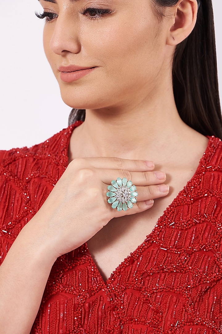 White Finish Floral Ring With Turquoise Stones by House Of Aesha