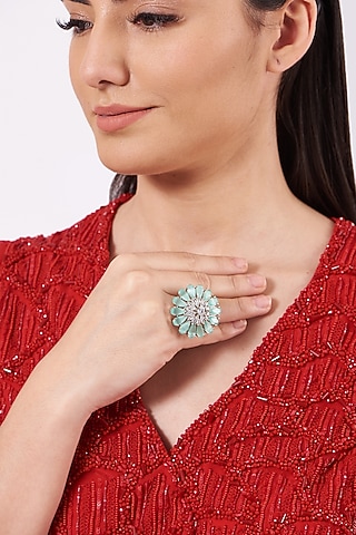 White Finish Floral Ring With Turquoise Stones by House Of Aesha