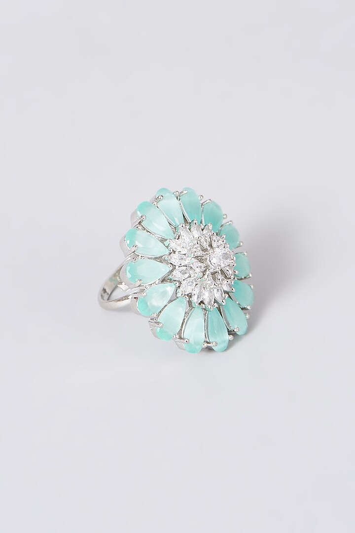 White Finish Floral Ring With Turquoise Stones by House Of Aesha at Pernia's Pop Up Shop