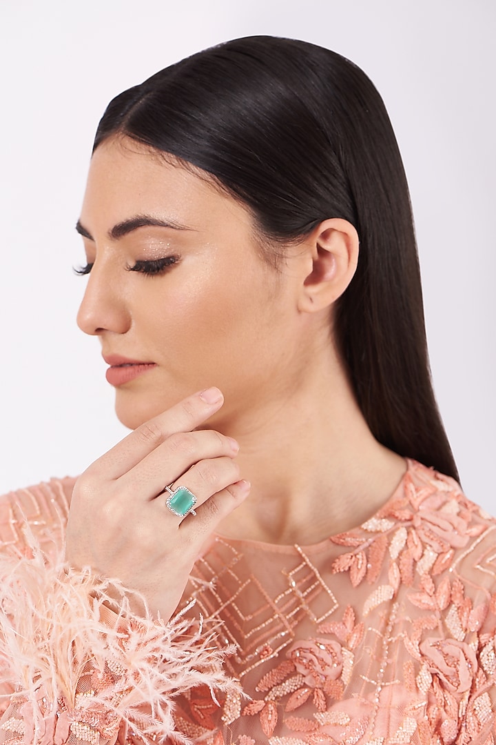 White Finish Ring With Turquoise Stone by House Of Aesha