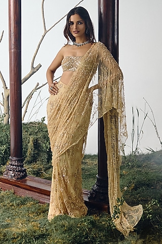 Gold Chantilly Lace Pearl Embellished Pre-Draped Saree Set by House of arshiyaa