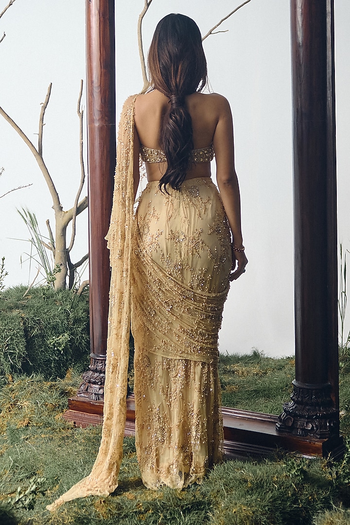 Gold Chantilly Lace Pearl Embellished Pre-Draped Reception Saree Set by House of arshiyaa at Pernia's Pop Up Shop