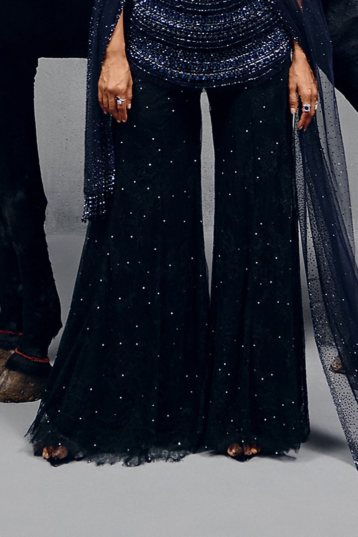 Royal Blue Chantilly Lace Pearl Embroidered Kurta Set by House of arshiyaa at Pernia's Pop Up Shop