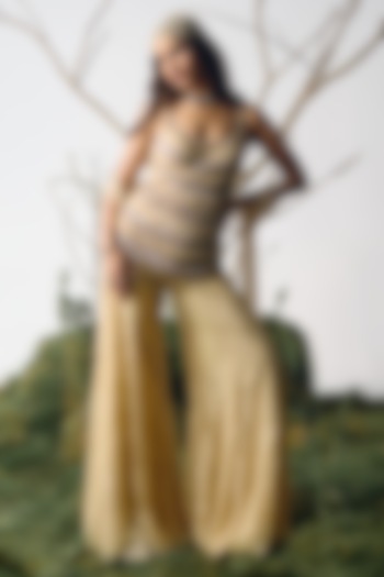 Champagne Chantilly Lace Pearl Embroidered Kurta Set by House of arshiyaa at Pernia's Pop Up Shop