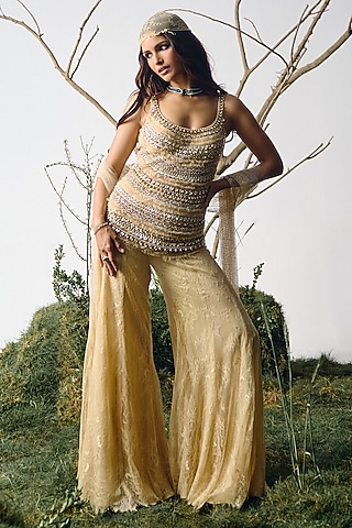 Champagne Chantilly Lace Pearl Embroidered Kurta Set by House of arshiyaa
