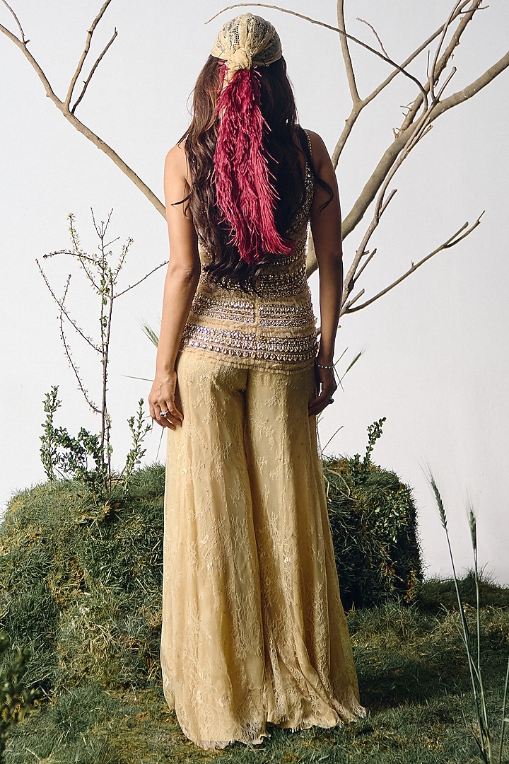 Champagne Chantilly Lace Pearl Embroidered Kurta Set by House of arshiyaa at Pernia's Pop Up Shop