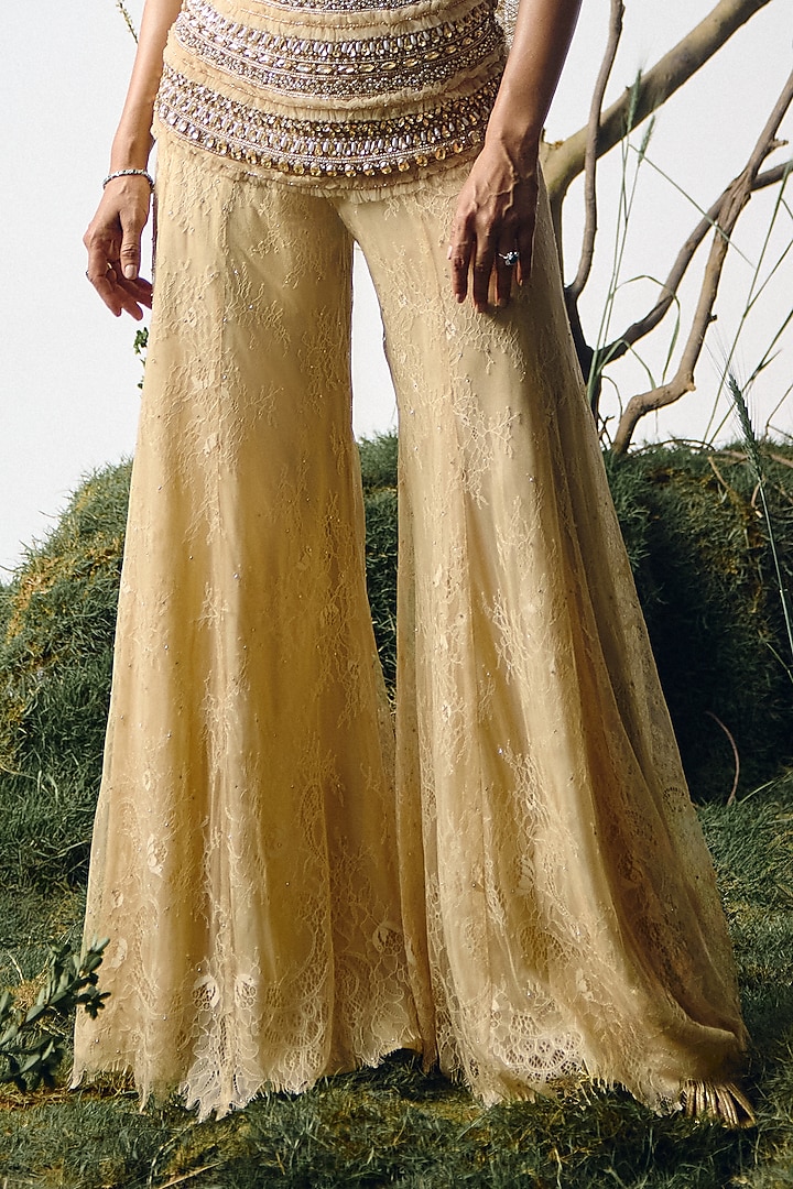 Champagne Chantilly Lace Pearl Embroidered Kurta Set by House of arshiyaa at Pernia's Pop Up Shop